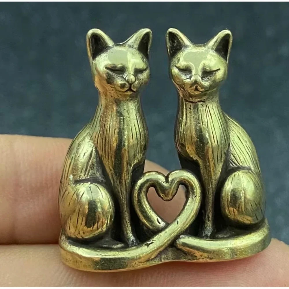 Brass Cat Figurine Gold Heart Tail Miniature Love Decor New